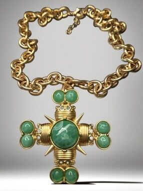18k Matte Gold Plated Chunky Maltese Cross Brooch Pendant Statement Necklace